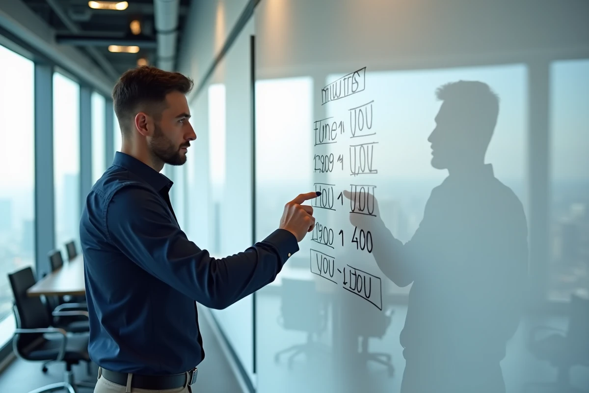 Homme en réunion expliquant la conversion de minutes en heures sur un tableau blanc en entreprise