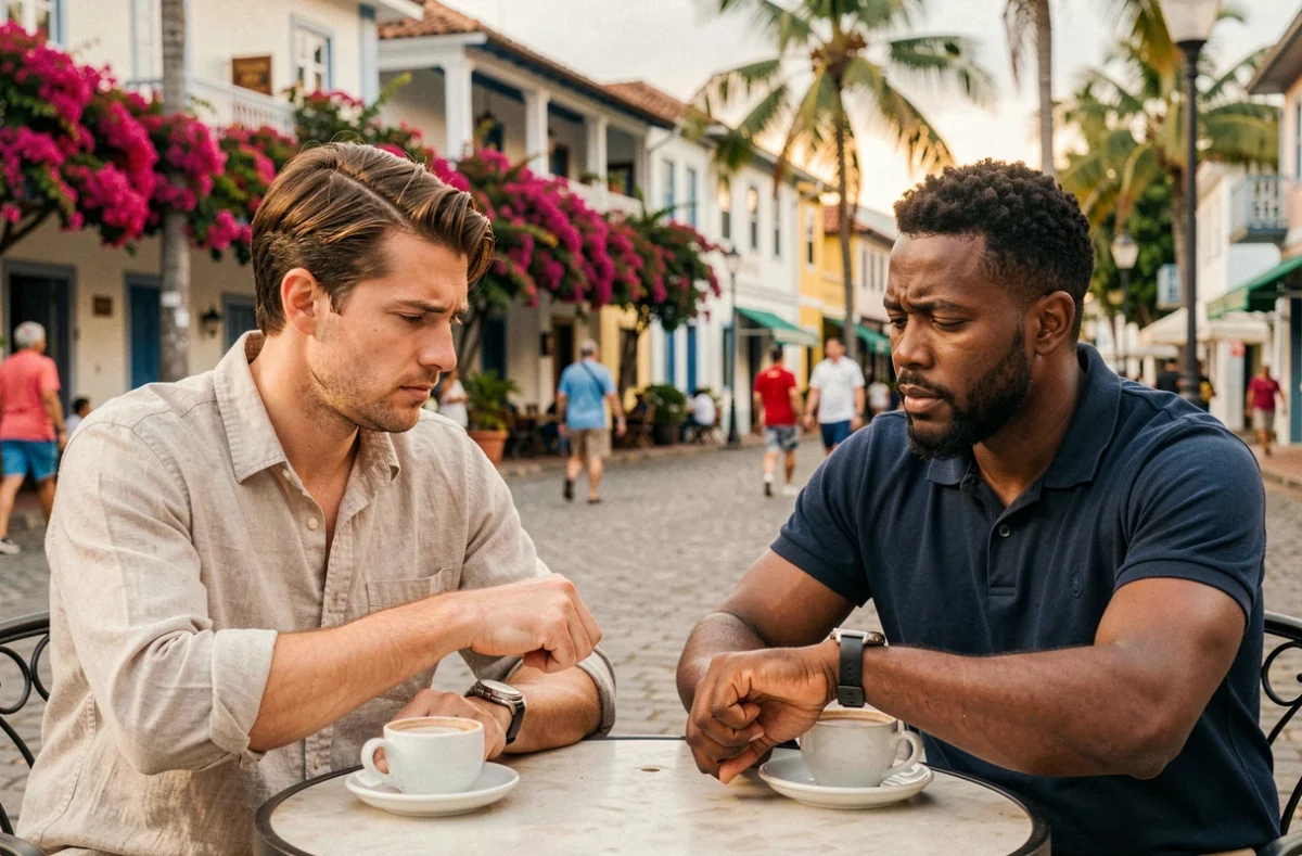 Deux hommes à La Réunion regardant leur montre à une terrasse de café, symbolisant le décalage horaire entre La Réunion et l'Europe en 2026