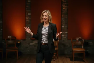 Humoriste française sur scène dans un comedy club parisien, exprimant une blague avec gestuelle naturelle et sourire expressif