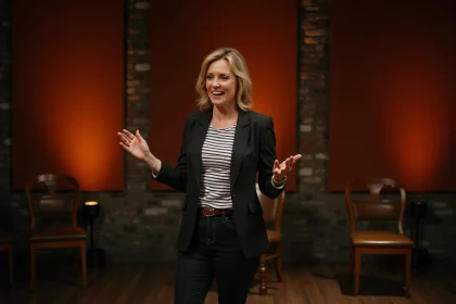 Humoriste française sur scène dans un comedy club parisien, exprimant une blague avec gestuelle naturelle et sourire expressif