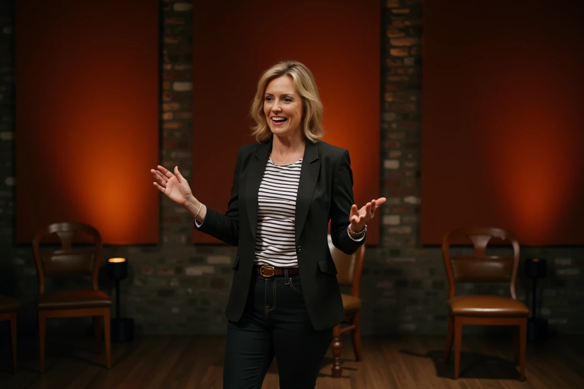Humoriste française sur scène dans un comedy club parisien, exprimant une blague avec gestuelle naturelle et sourire expressif
