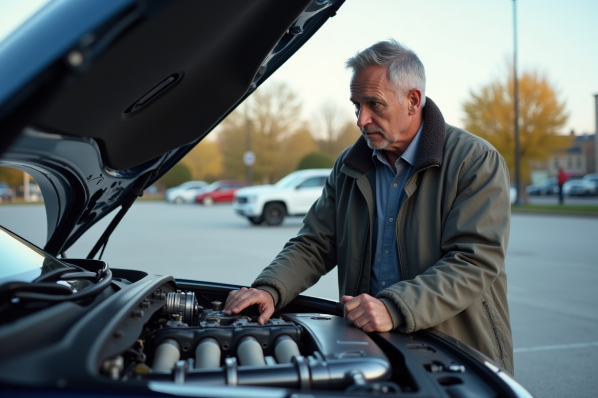 Ingénieur homme examine moteur voiture hydrogene en plein air