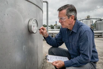 Ingénieur mesurant le volume d'eau d'un réservoir industriel avec un tableau de conversion litres en m3