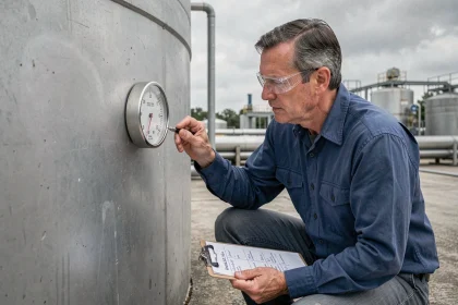 Ingénieur mesurant le volume d'eau d'un réservoir industriel avec un tableau de conversion litres en m3