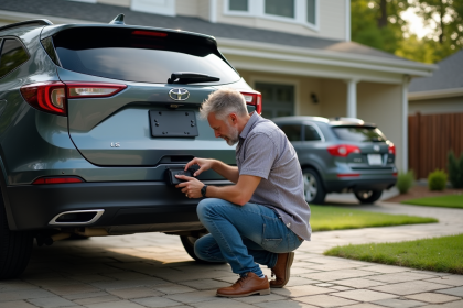 Homme inspectant une camera de recul sur SUV en extérieur
