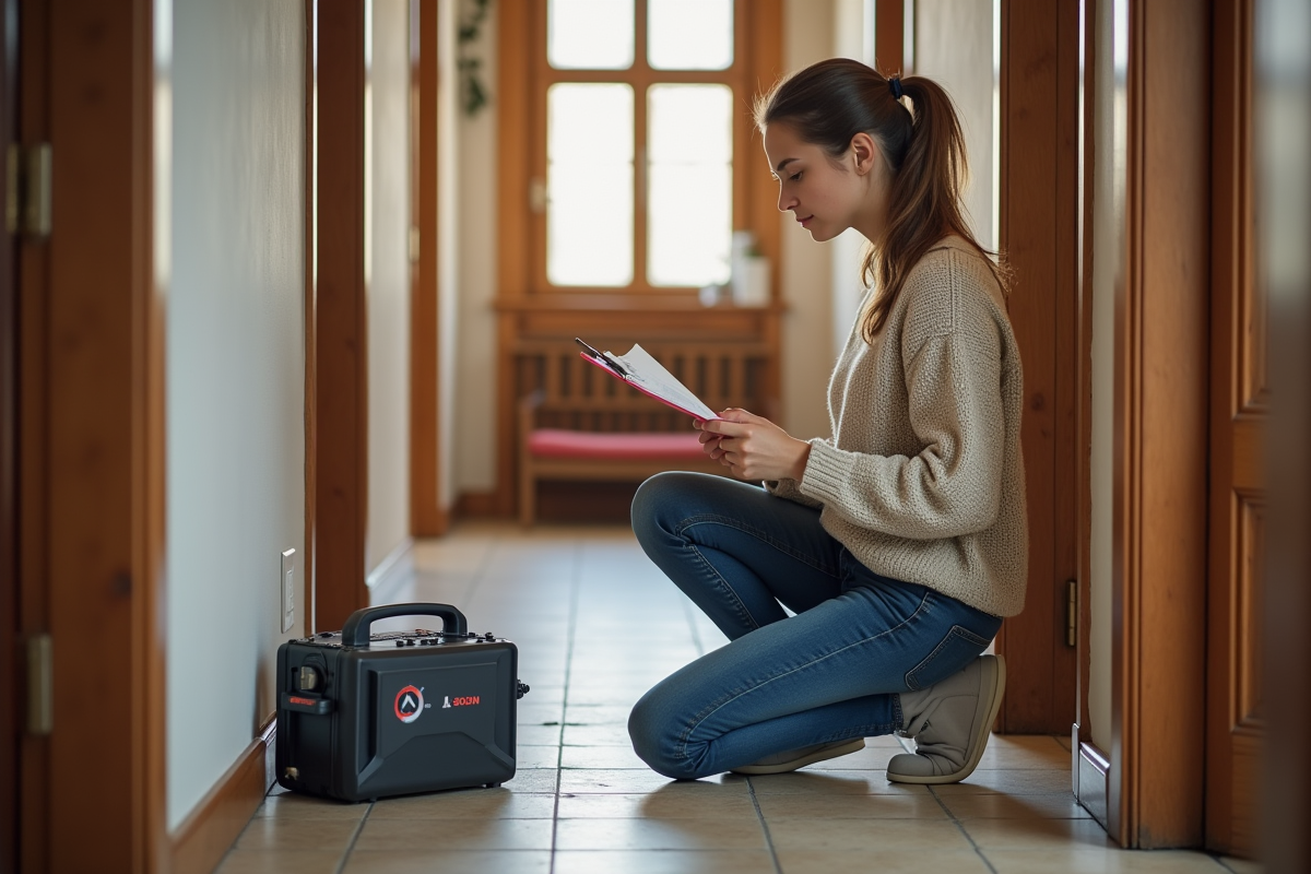 Jeune femme inspectant un appareil de diagnostic dans un appartement ancien