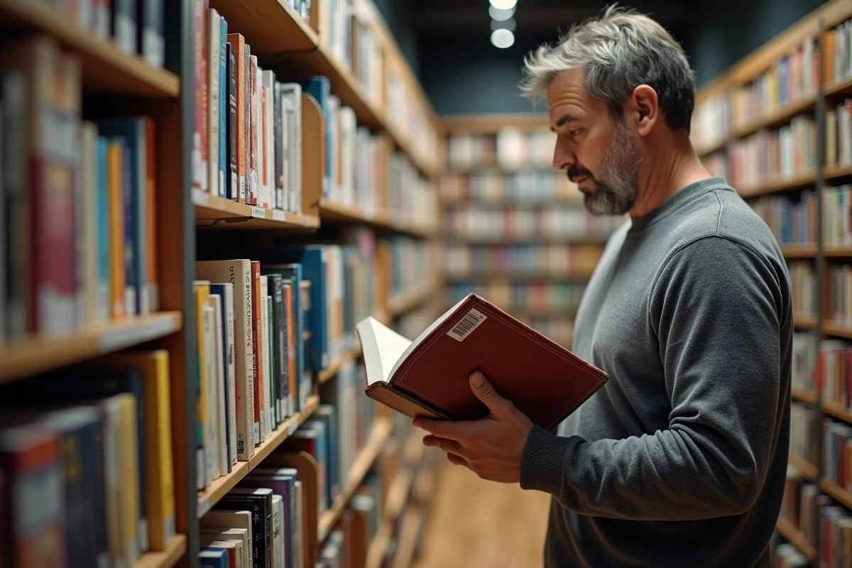 Homme en librairie consultant le code-barres ISBN au dos d'une bande dessinée