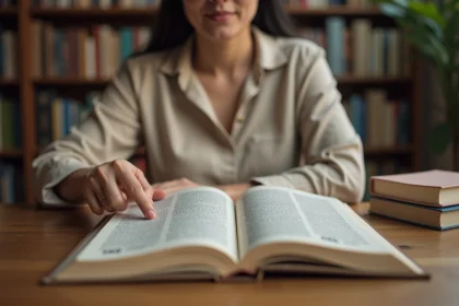 Femme tenant un roman ouvert sur sa page de copyright montrant le numéro ISBN et le code-barres