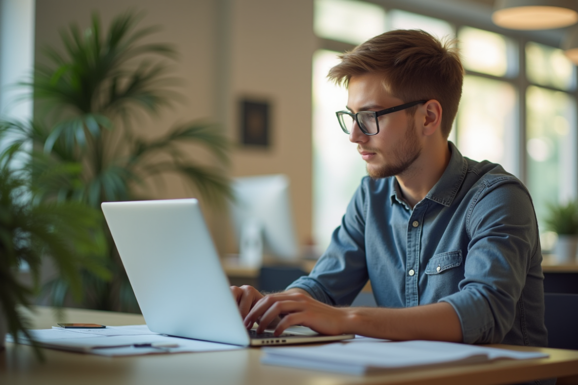 Jeune adulte utilisant un ordinateur portable dans un bureau lumineux à Aix-en-Provence