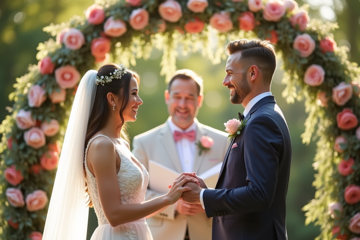 Couple heureux renouvelant leurs vœux en extérieur sous une arche florale
