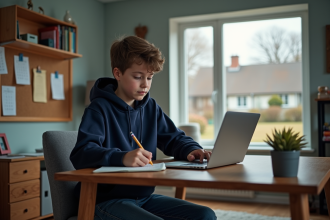 Jeune garçon en hoodie étudie à son bureau dans sa chambre