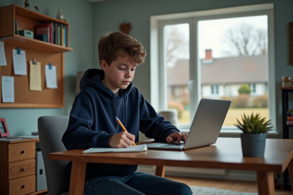 Jeune garçon en hoodie étudie à son bureau dans sa chambre