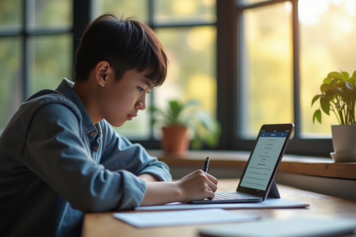 Jeune adulte étudiant au bureau avec tablette et cahier
