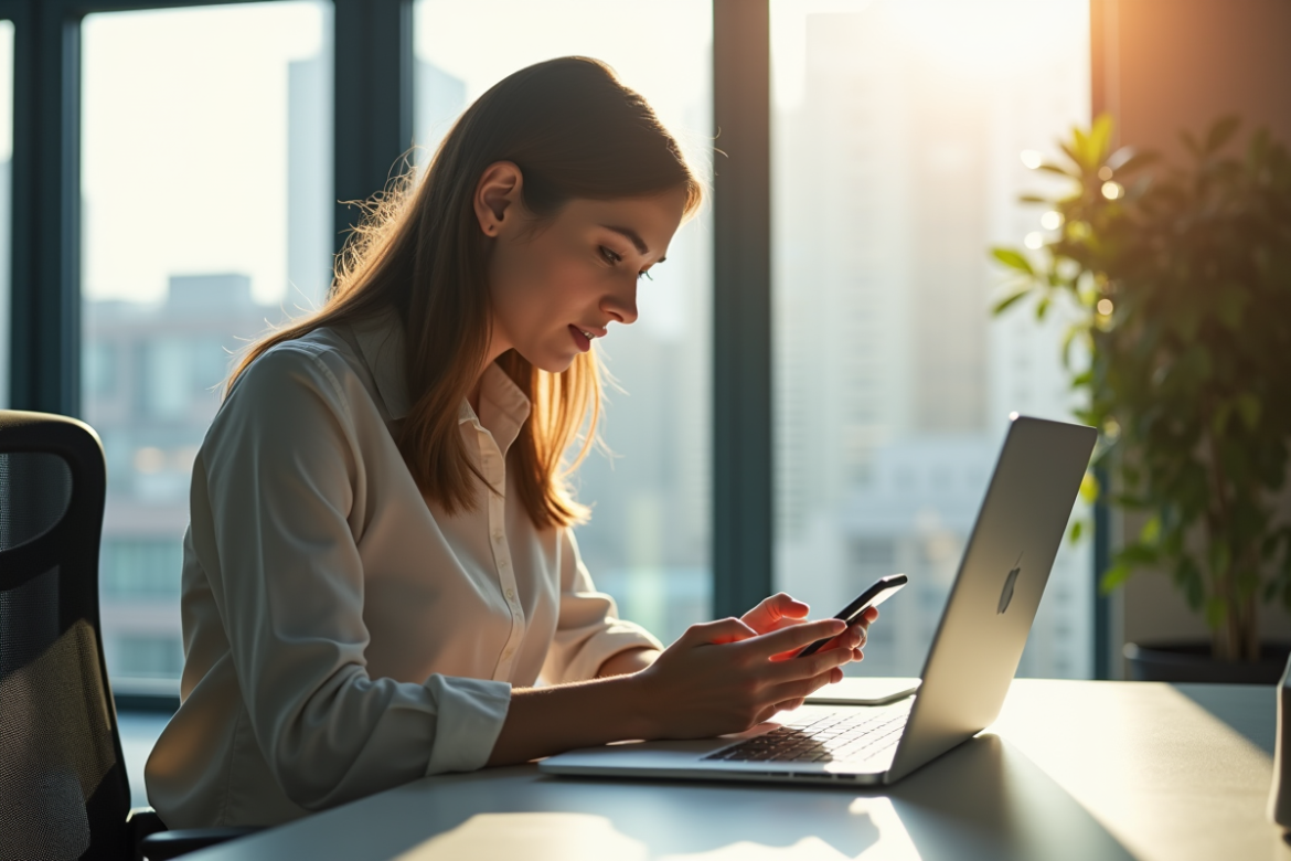 Jeune femme professionnelle lisant un email au bureau