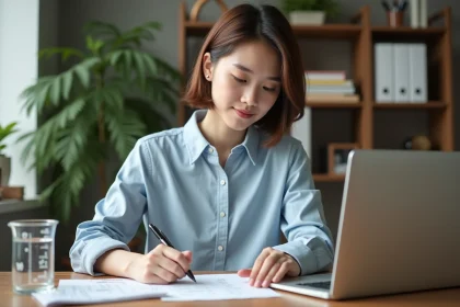 Jeune femme en bureau calculant avec stylo et papier