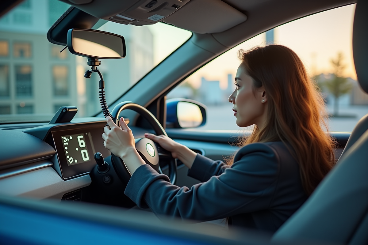 Jeune femme dans voiture fait le plein dhydrogene dans station