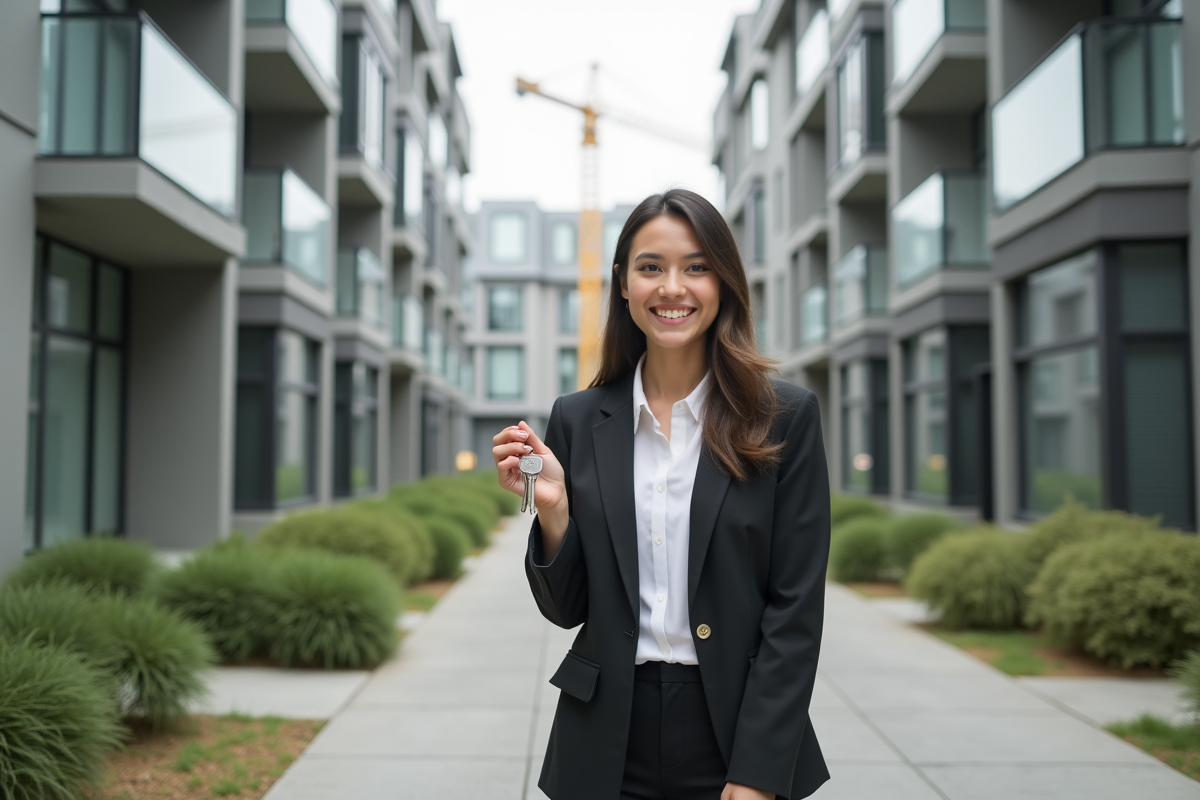 Jeune femme souriante avec clés devant un immeuble neuf