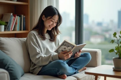 Jeune femme lisant manga avec tablette dans salon moderne