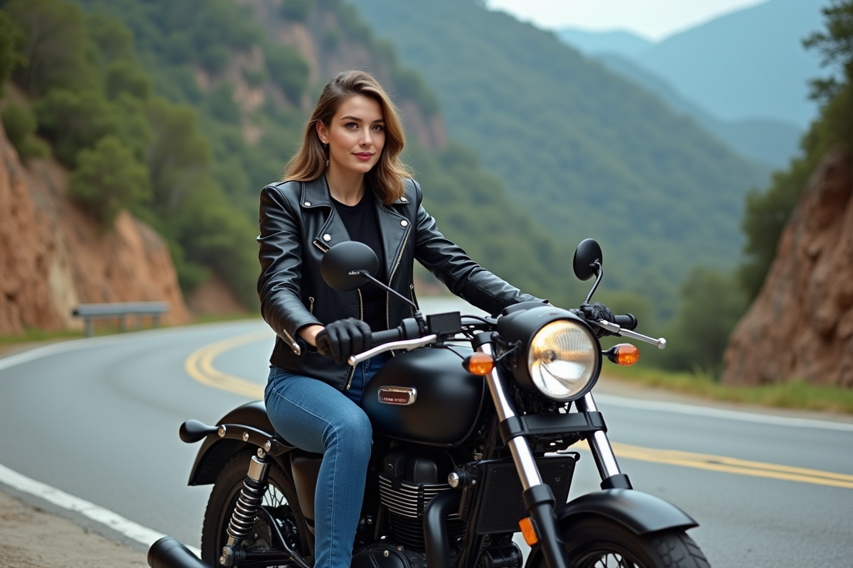 Jeune femme en moto sur route de montagne avec paysage