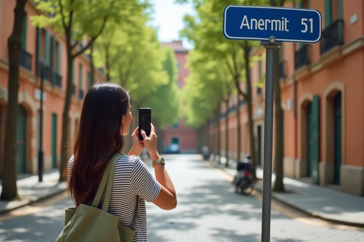 Jeune femme photographiant un panneau de rue dans un quartier résidentiel de Toulouse avec immeubles en briques roses