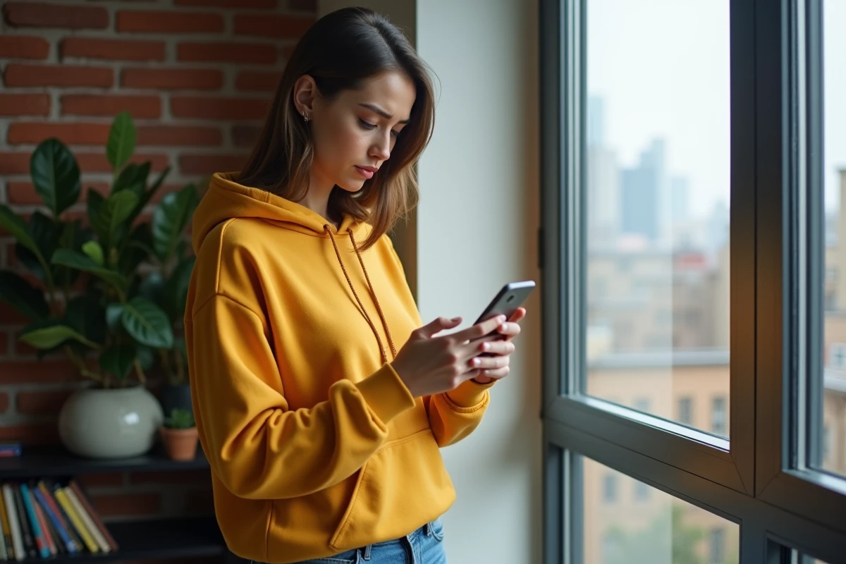 Jeune femme cherchant le numéro de téléphone du service client Amazon sur son smartphone
