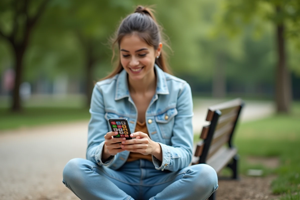 Jeune femme cherchant la solution à 9 lettres du jeu 4 Images 1 Mot dans un parc