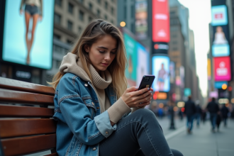 Jeune femme en streetwear regardant son smartphone en ville