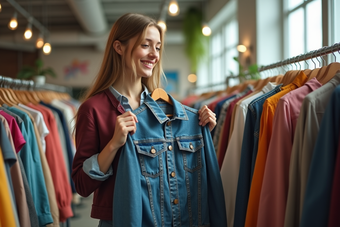Jeune femme examine un blouson en denim vintage dans une boutique de seconde main