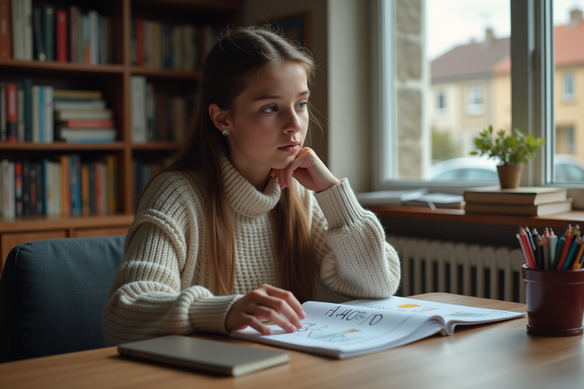 Jeune fille de 16 ans en sweater en train de réfléchir à son bulletin