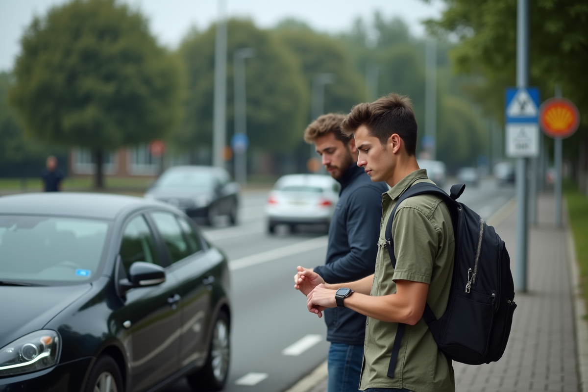 Jeune homme attend dans un parking avec ses amis