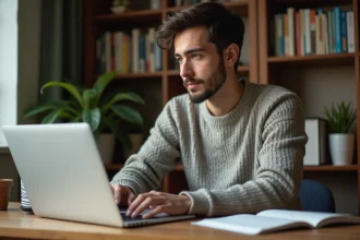 Jeune homme assis à un bureau à la maison avec un ordinateur portable
