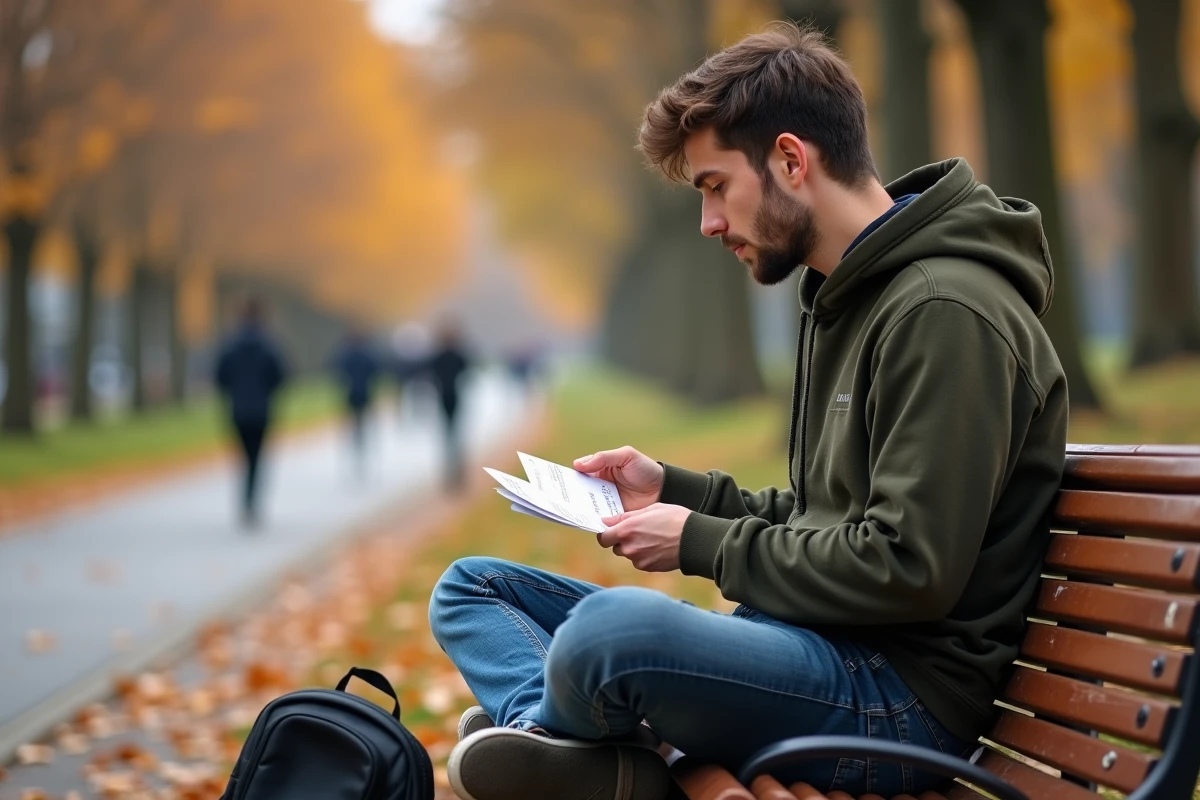 Jeune homme révisant des fiches mémo dans un parc en automne pour renforcer sa mémoire