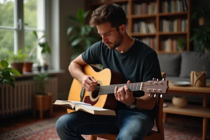 Jeune homme compare diagrammes de guitare dans un salon