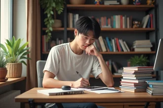 Jeune homme japonais lisant manga dans son appartement