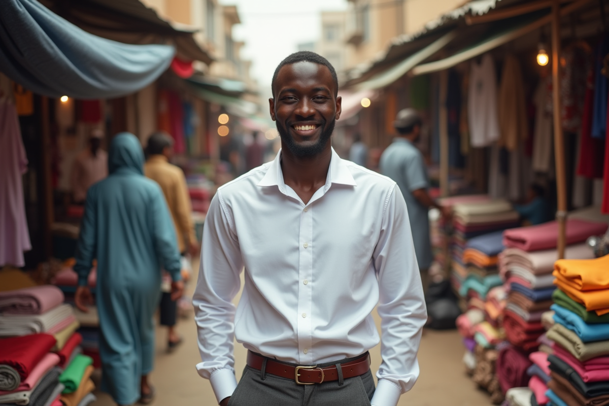 Jeune homme africain souriant devant un marché de tissus