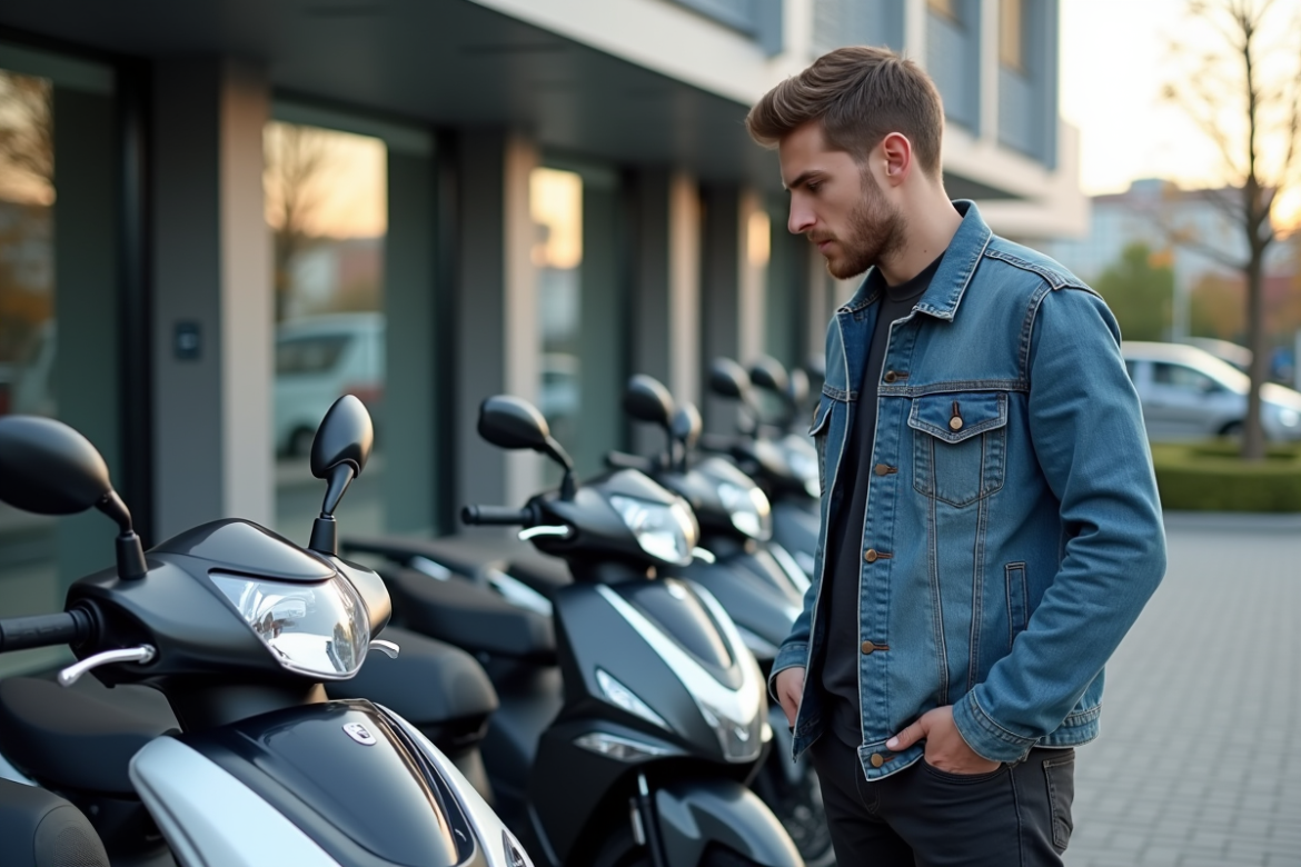 Jeune homme inspectant motos 125cc en concession