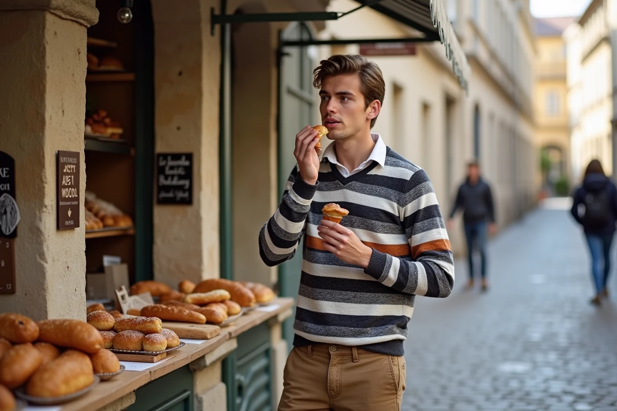 Jeune homme dégustant une pâtisserie devant une boulangerie à Sarralbe