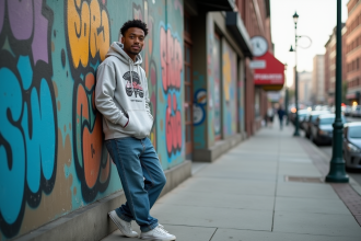 Jeune homme en streetwear devant un mur d'art urbain