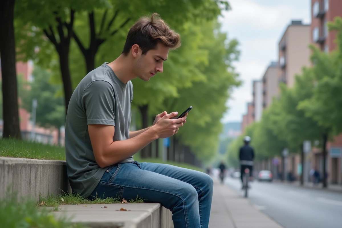 Jeune homme assis sur un banc de parc urbain avec téléphone