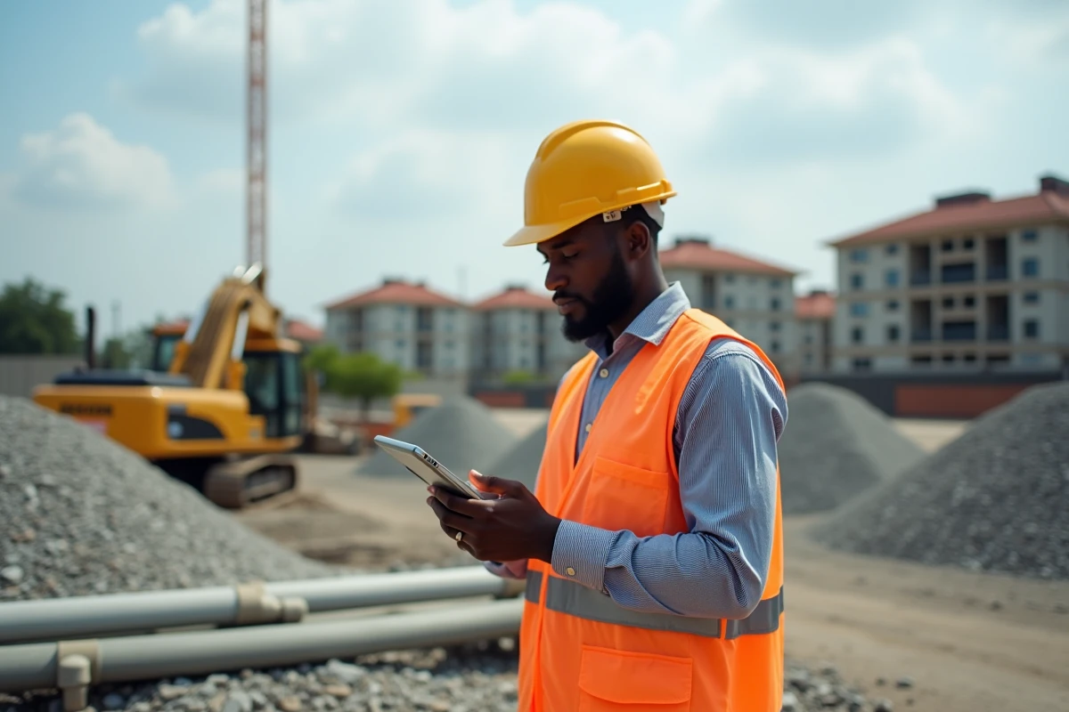 Jeune homme ivorien utilisant une tablette sur un chantier