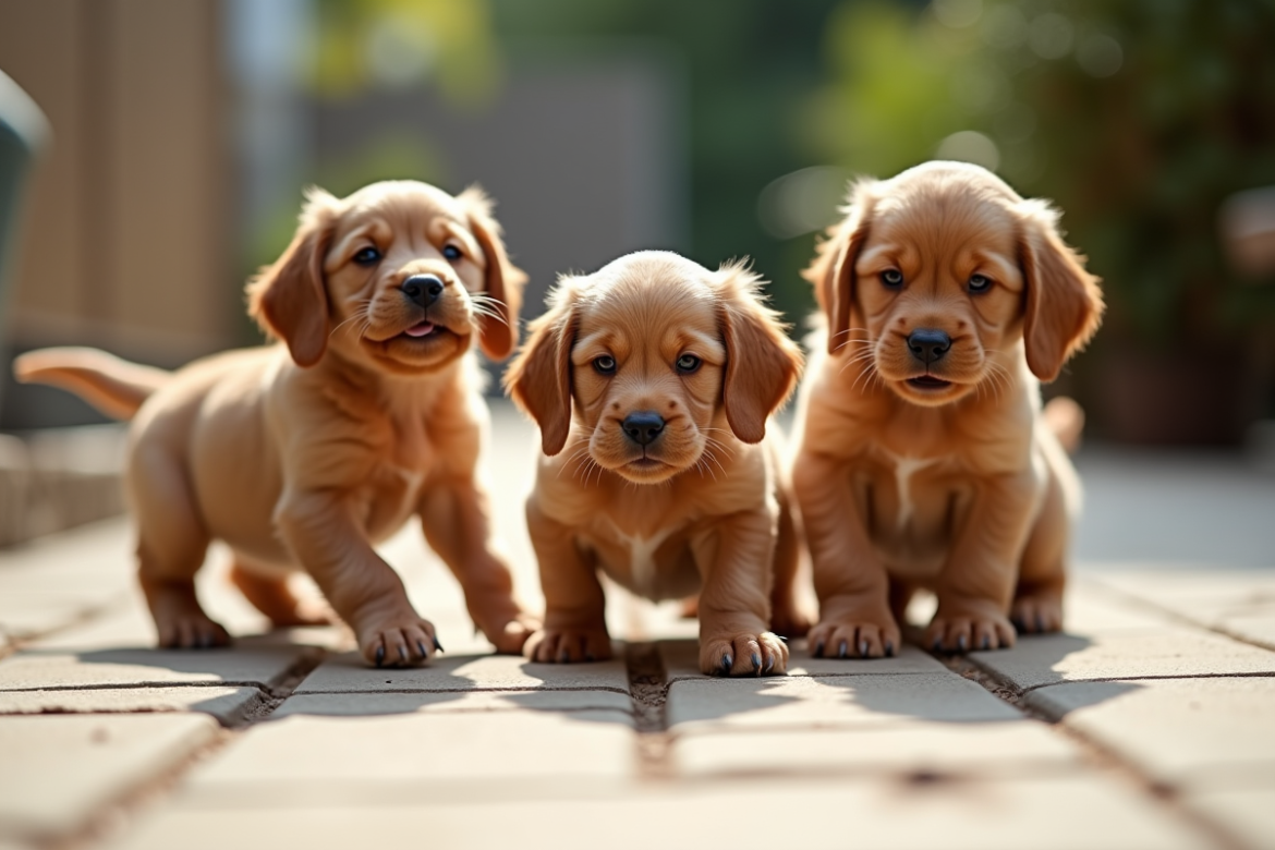 Groupe de chiots cocker spaniel jouant dans un enclos en plein soleil