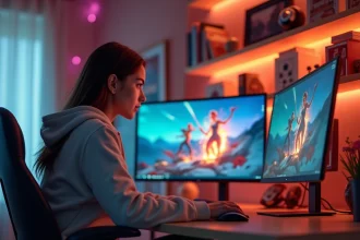 Jeune femme jouant à un jeu de simulation de vie sur PC avec interface de personnalisation de personnage