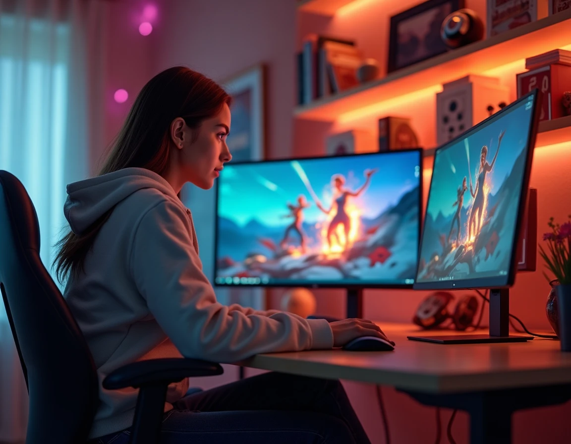 Jeune femme jouant à un jeu de simulation de vie sur PC avec interface de personnalisation de personnage
