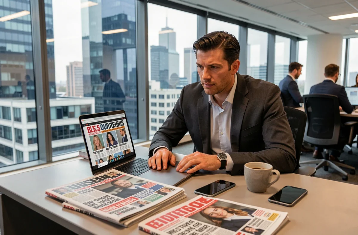 Journaliste people travaillant dans une rédaction moderne avec des magazines et un ordinateur portable