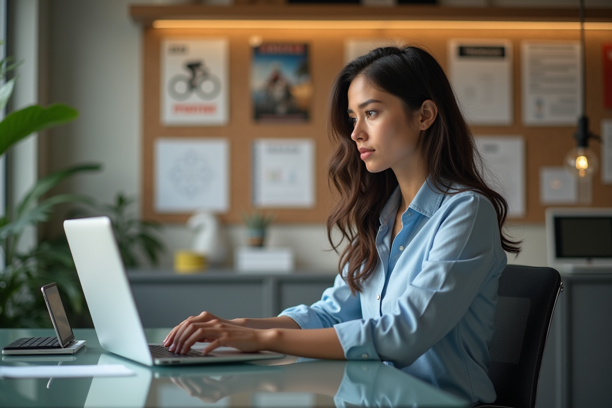 Jeune journaliste sportive au bureau moderne