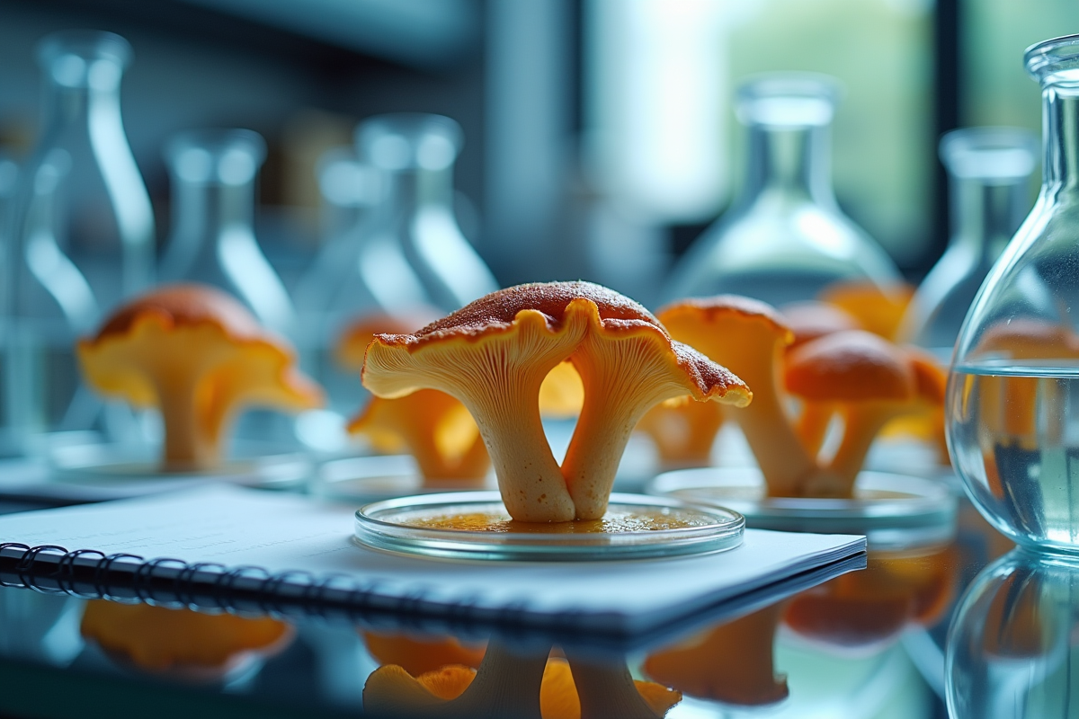 Chanterelles en laboratoire avec matériel scientifique pour recherche