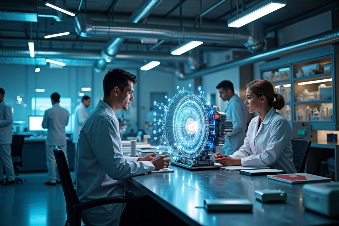 Laboratoire futuriste avec moteur quantique prototype et scientifiques