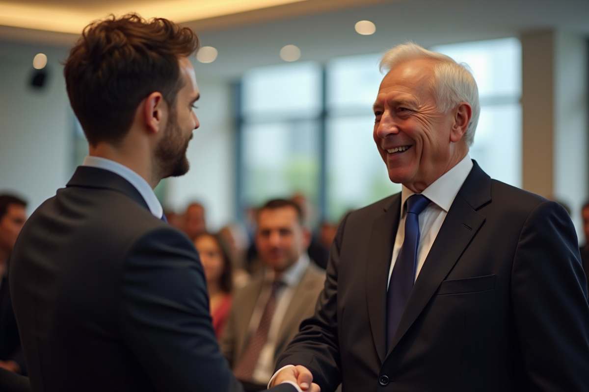 Laureat serrant la main d un mentor lors d une cérémonie