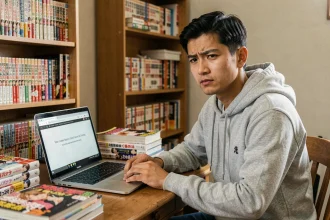 Jeune homme frustré devant un ordinateur portable affichant une erreur de site manga avec des volumes de One Piece sur le bureau