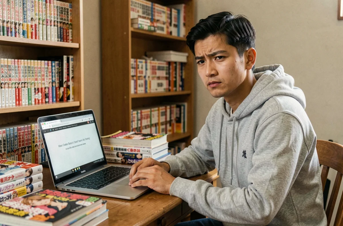 Jeune homme frustré devant un ordinateur portable affichant une erreur de site manga avec des volumes de One Piece sur le bureau
